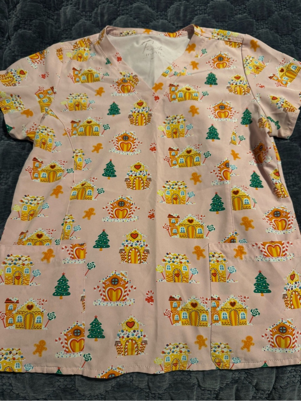 Women's Pink Gingerbread House Print scrub top